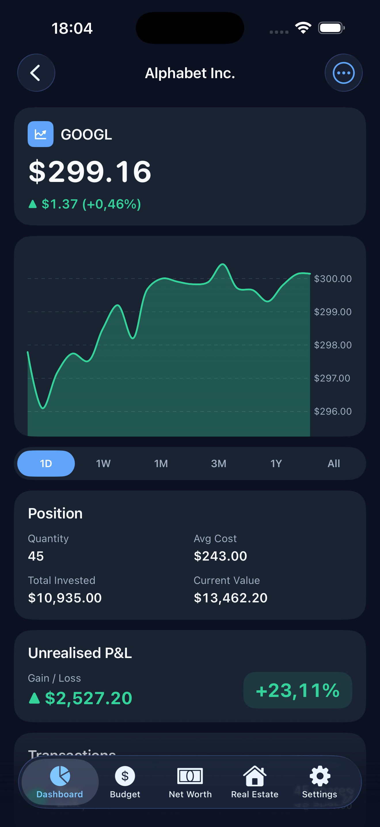 WealthPulse stock detail with price chart